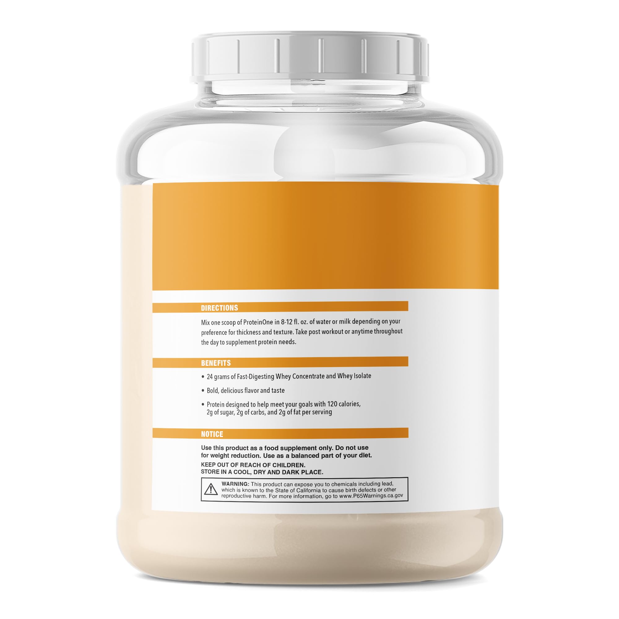 NutraOne ProteinOne whey scoop showing 24g protein per serving.