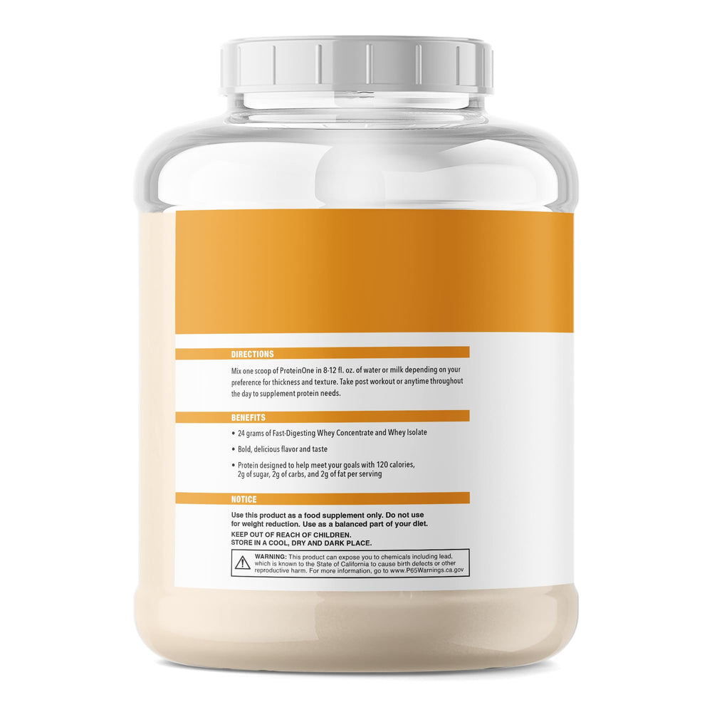NutraOne ProteinOne whey scoop showing 24g protein per serving.