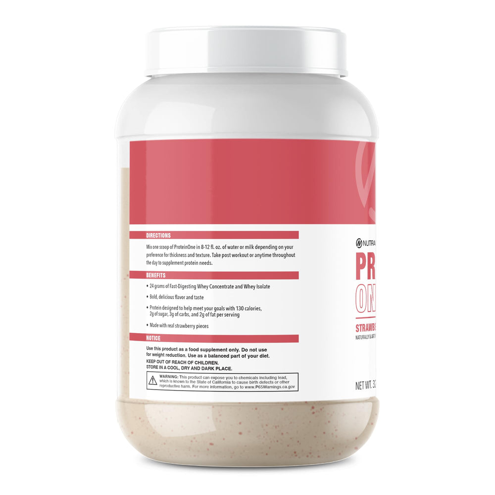 NutraOne ProteinOne whey powder scoop close-up, emphasizing high-protein ratio and low lactose
