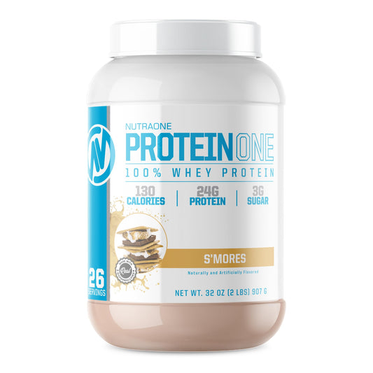 NutraOne ProteinOne S'Mores whey protein bottle ready for post-workout recovery.