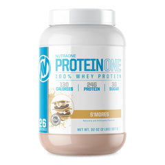 NutraOne ProteinOne S'Mores whey protein bottle ready for post-workout recovery.