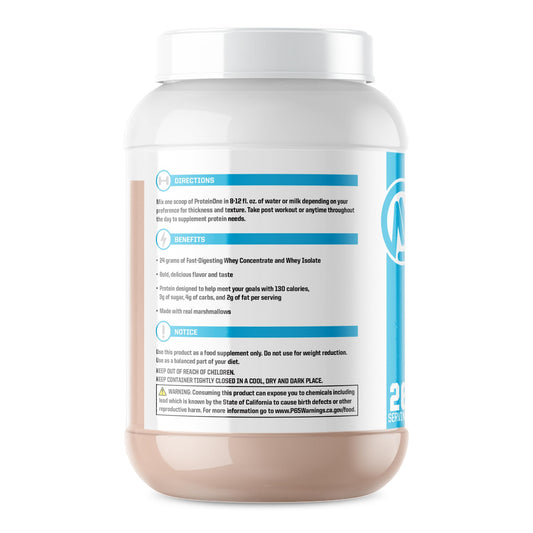 ProteinOne S'Mores 2lb tub ready to mix a creamy shake.