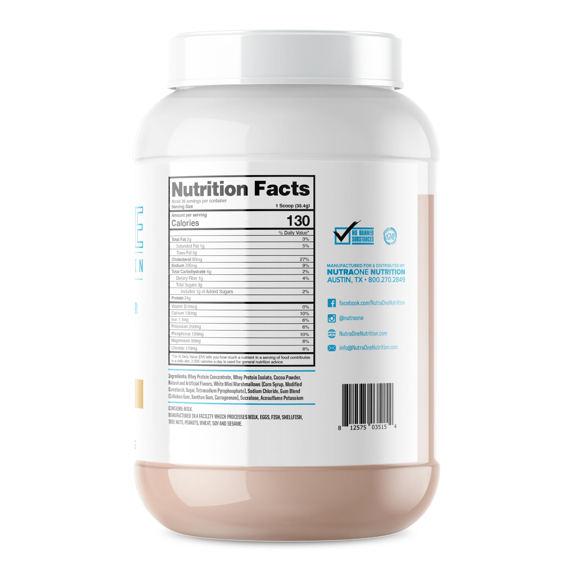 Scoop beside glass with ProteinOne whey powder for a shake.
