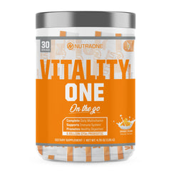 NutraOne VitalityOne orange cream bottle for on-the-go daily nutrition.