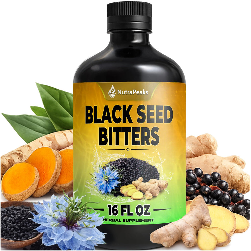 NutraPeaks Black Seed Oil Bitters bottle for daily wellness rituals