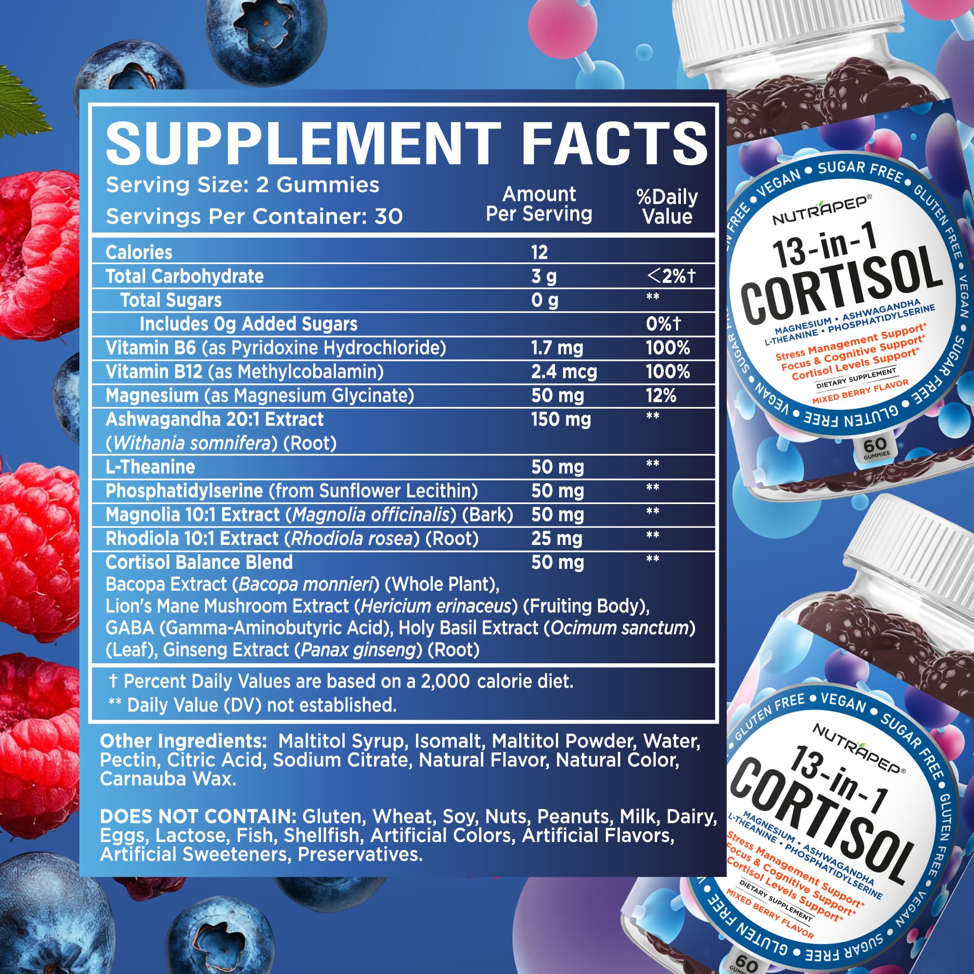 NutraPep Cortisol Gummies with glass and bottle suggesting daytime focus and wind-down