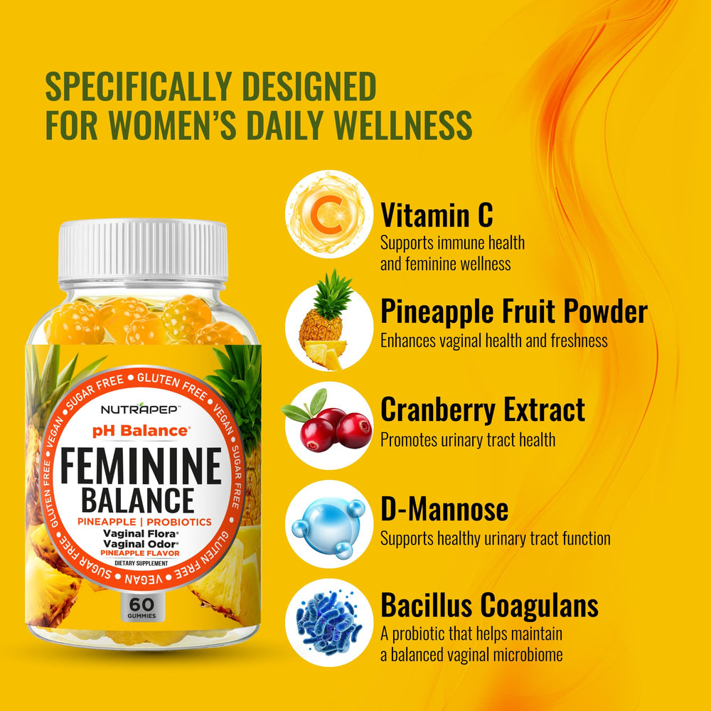 Gummies label shows Bacillus Coagulans probiotic for feminine microbiome support.