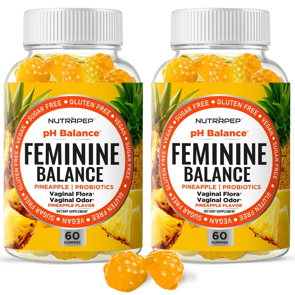 NutraPep Feminine Balance gummies bottle front with pineapple flavor for daily vaginal balance.