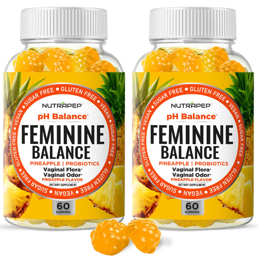 NutraPep Feminine Balance gummies bottle front with pineapple flavor for daily vaginal balance.