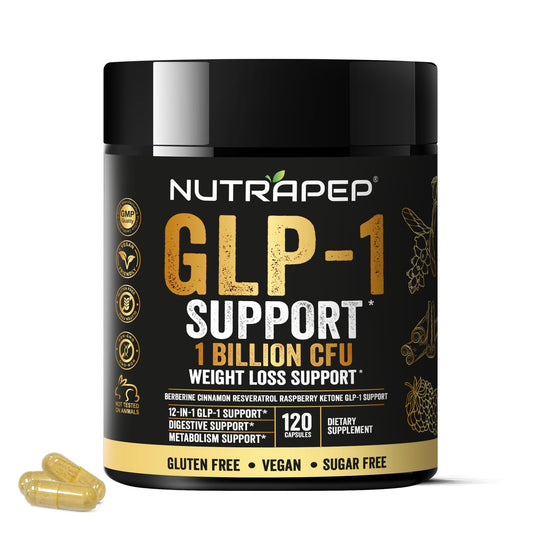 NutraPep GLP-1 Support bottle showing the 12-in-1 blend for daily wellness
