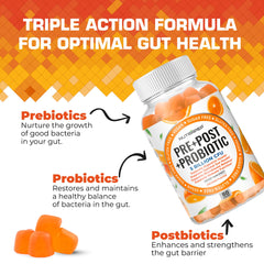 NutraPep two-pack shows 60 gummies delivering triple-action prebiotic, probiotic, and postbiotic support.