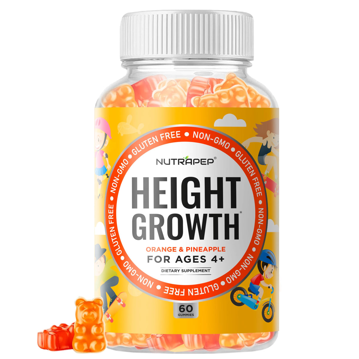 NutraPep Teens Height Growth Gummies bottle with orange-pineapple flavor for kids