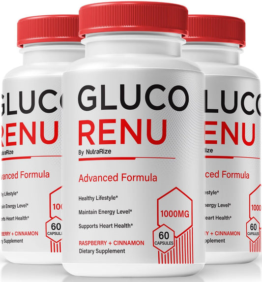 NutraRize Gluco Renu bottle front showing premium packaging for daily wellness.