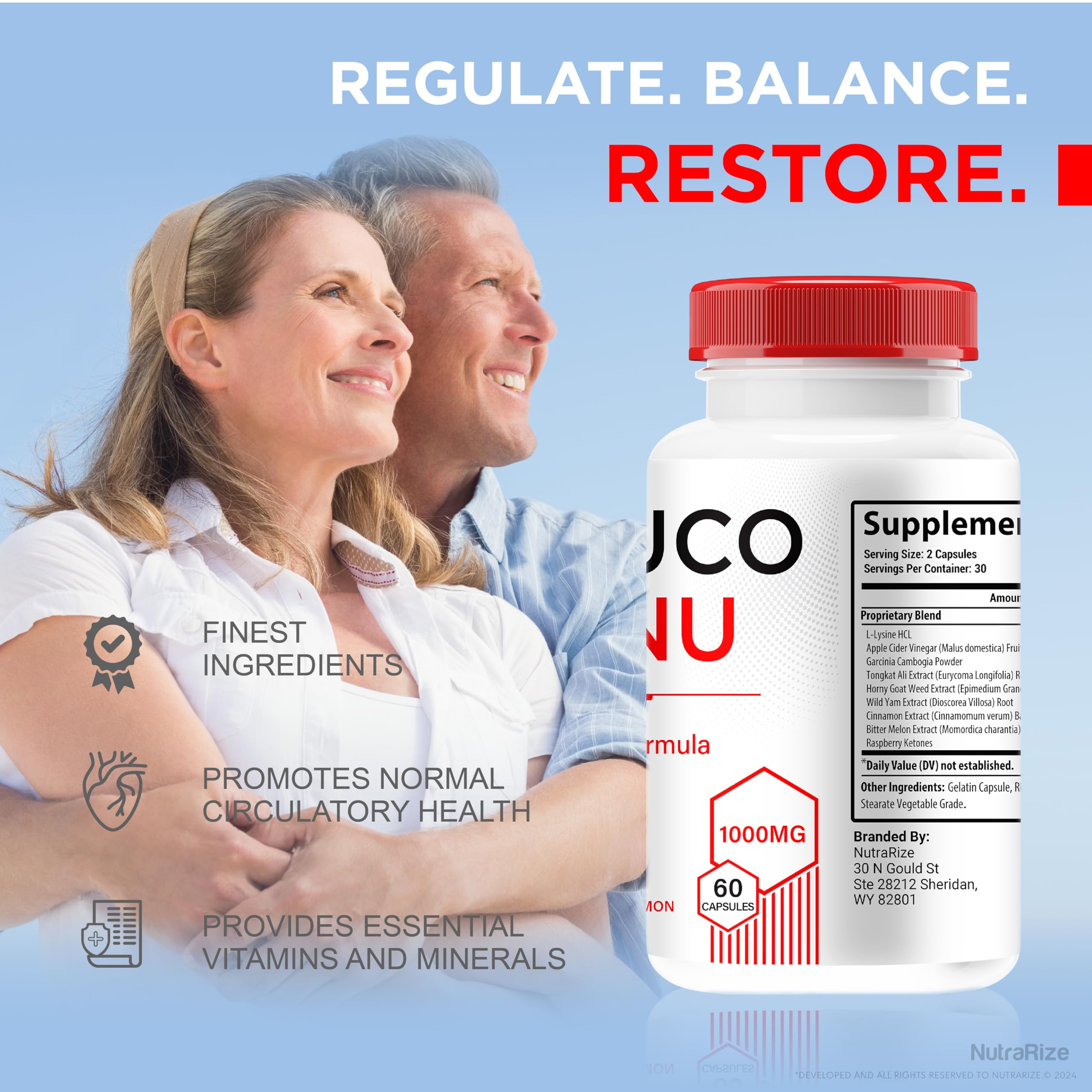 NutraRize Gluco Renu ingredients card highlighting natural nutrients.