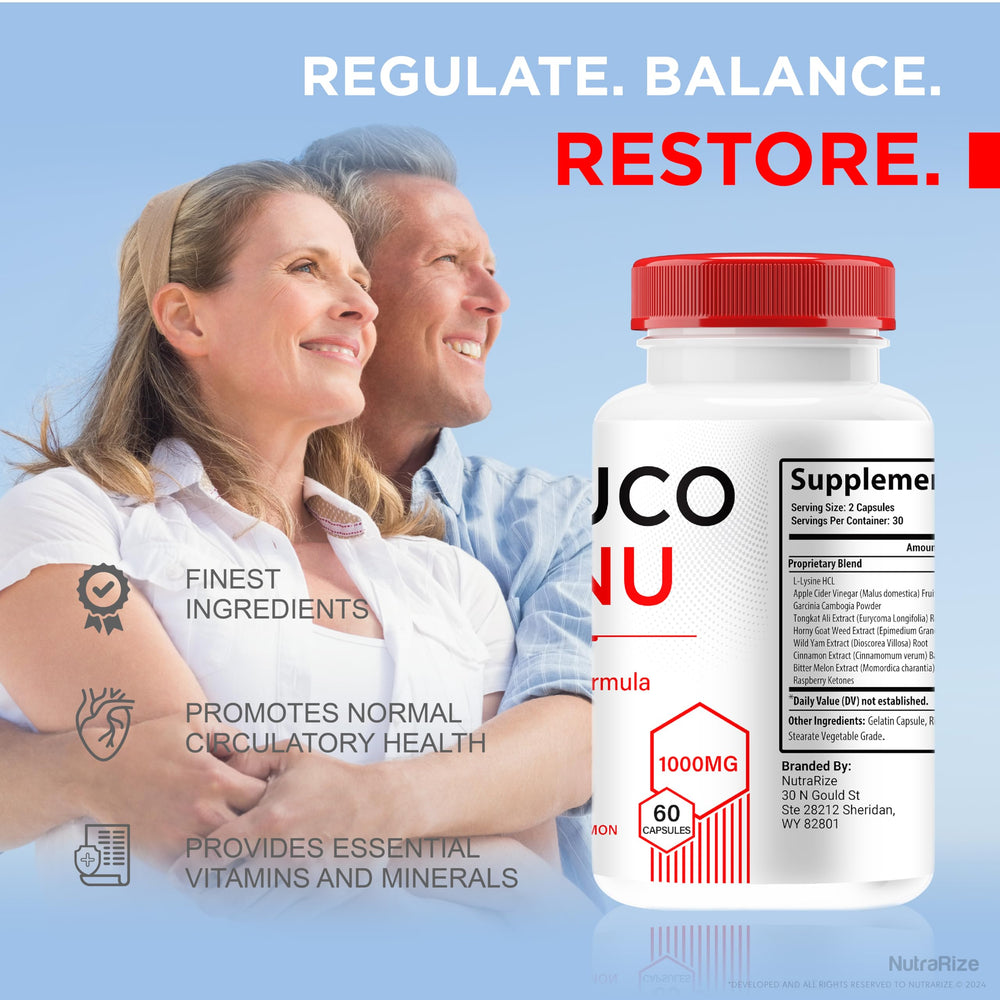 NutraRize Gluco Renu ingredients card highlighting natural nutrients.