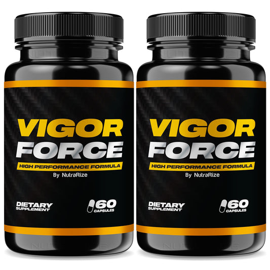 NutraRize Vigor Force bottle label shows all natural wellness focus for men.
