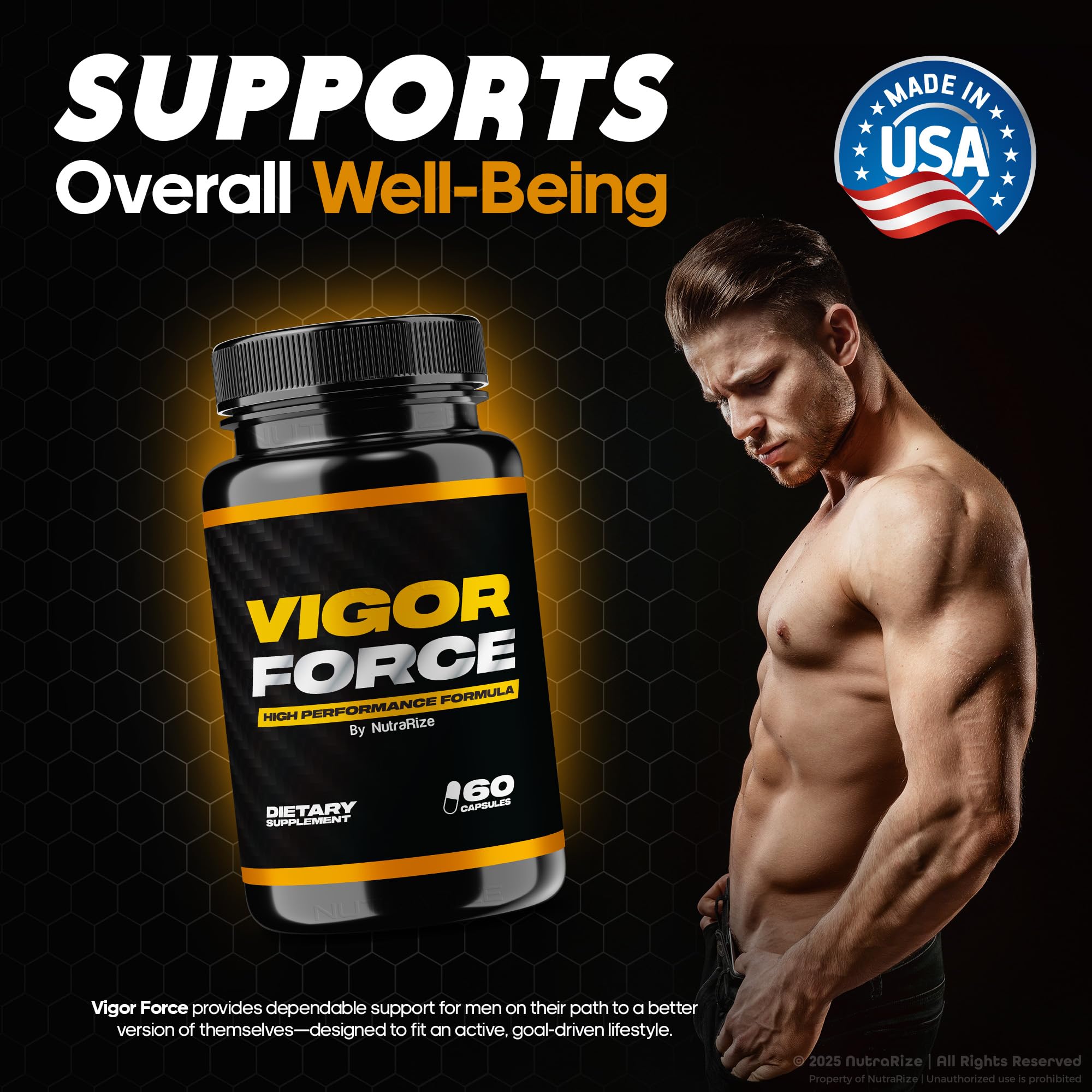 Full label view of NutraRize Vigor Force underlines natural formulation.