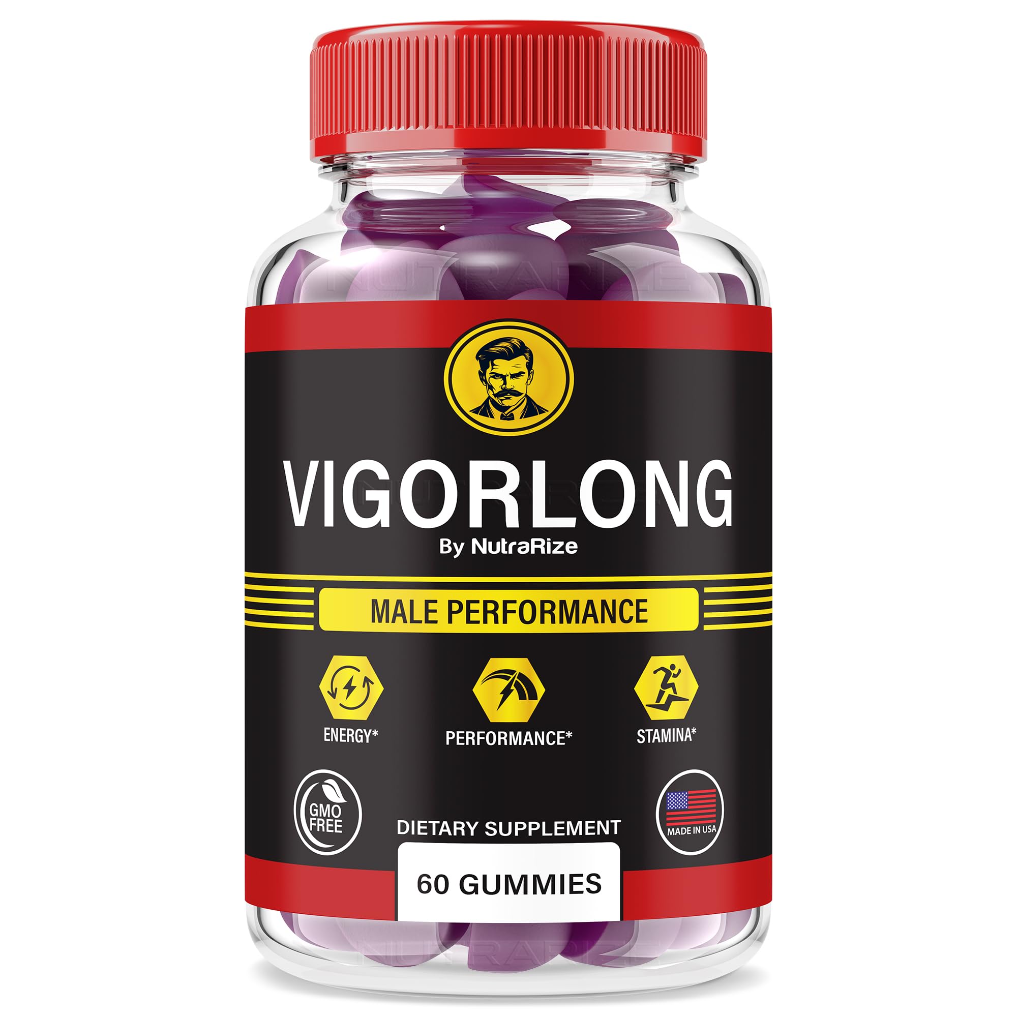 NutraRize VigorLong Male Gummies bottle front view for daily energy support