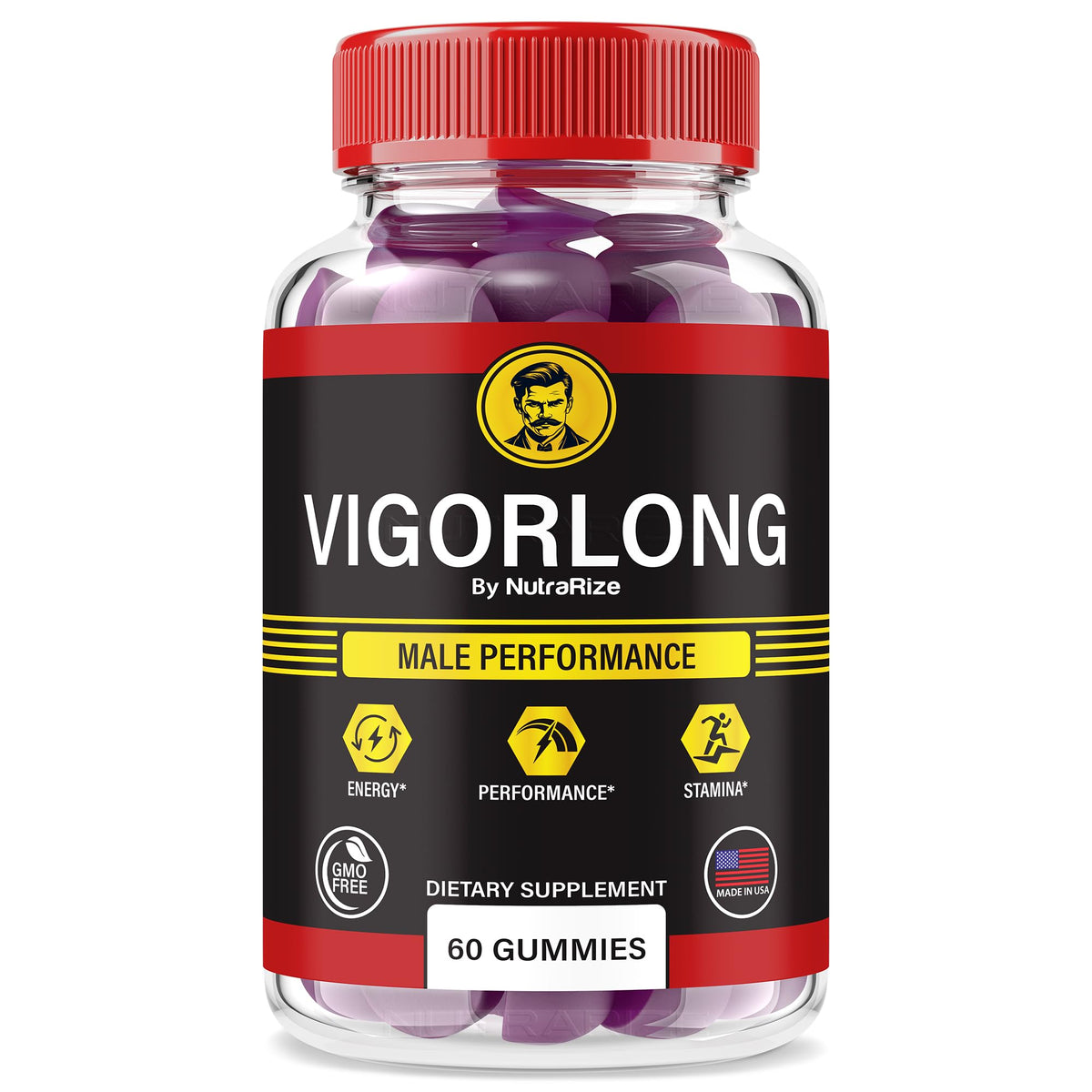 NutraRize VigorLong Male Gummies bottle front view for daily energy support