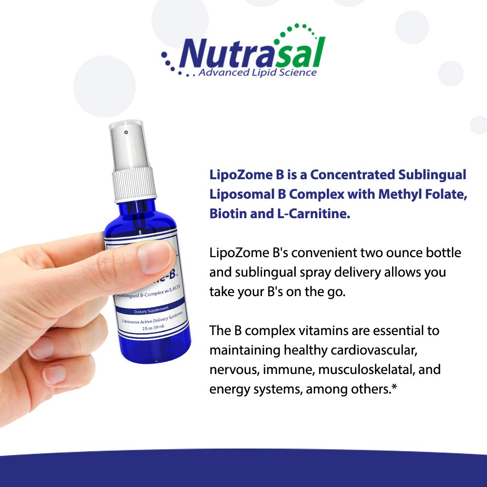 Nutrasal LipoZome B-Complex bottle with four-spray serving illustration