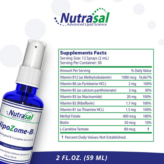 Nutrasal LipoZome B-Complex spray label close-up showing ingredients for energy