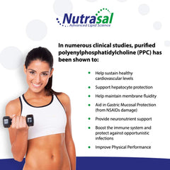 Nutrasal PhosChol bottle beside a glass of water to illustrate simple daily use.
