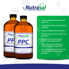 Nutrasal PhosChol label close-up highlights 288 grams per bottle for a long-term supply.