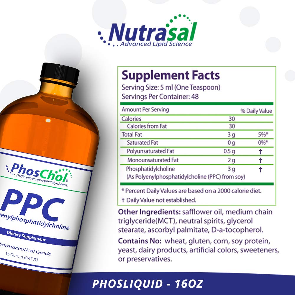 Nutrasal PhosChol liquid bottle on kitchen counter suggests easy daily intake.
