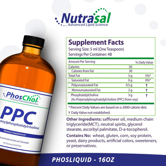 Nutrasal PhosChol liquid bottle on kitchen counter suggests easy daily intake.