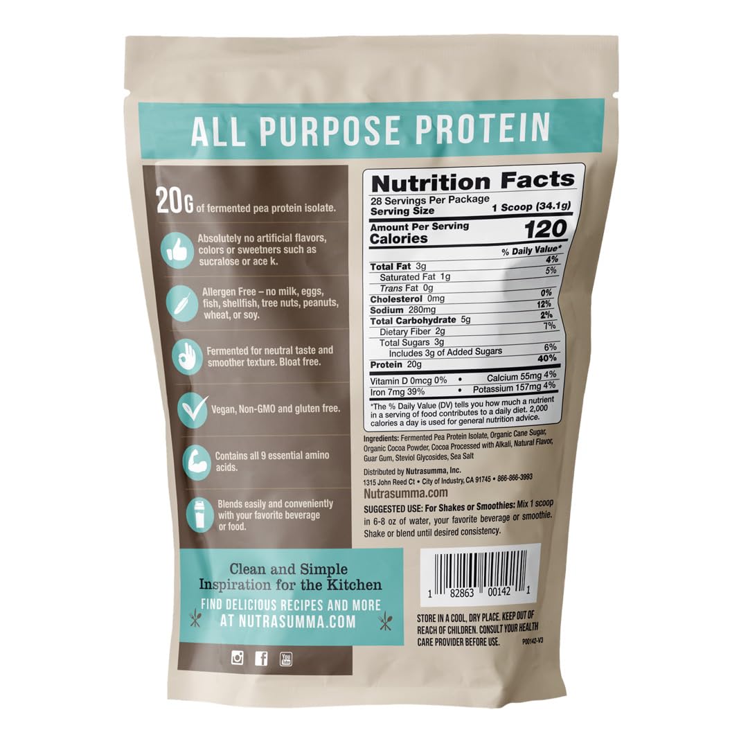 Nutrasumma pea protein powder chocolate scoop dissolving in glass