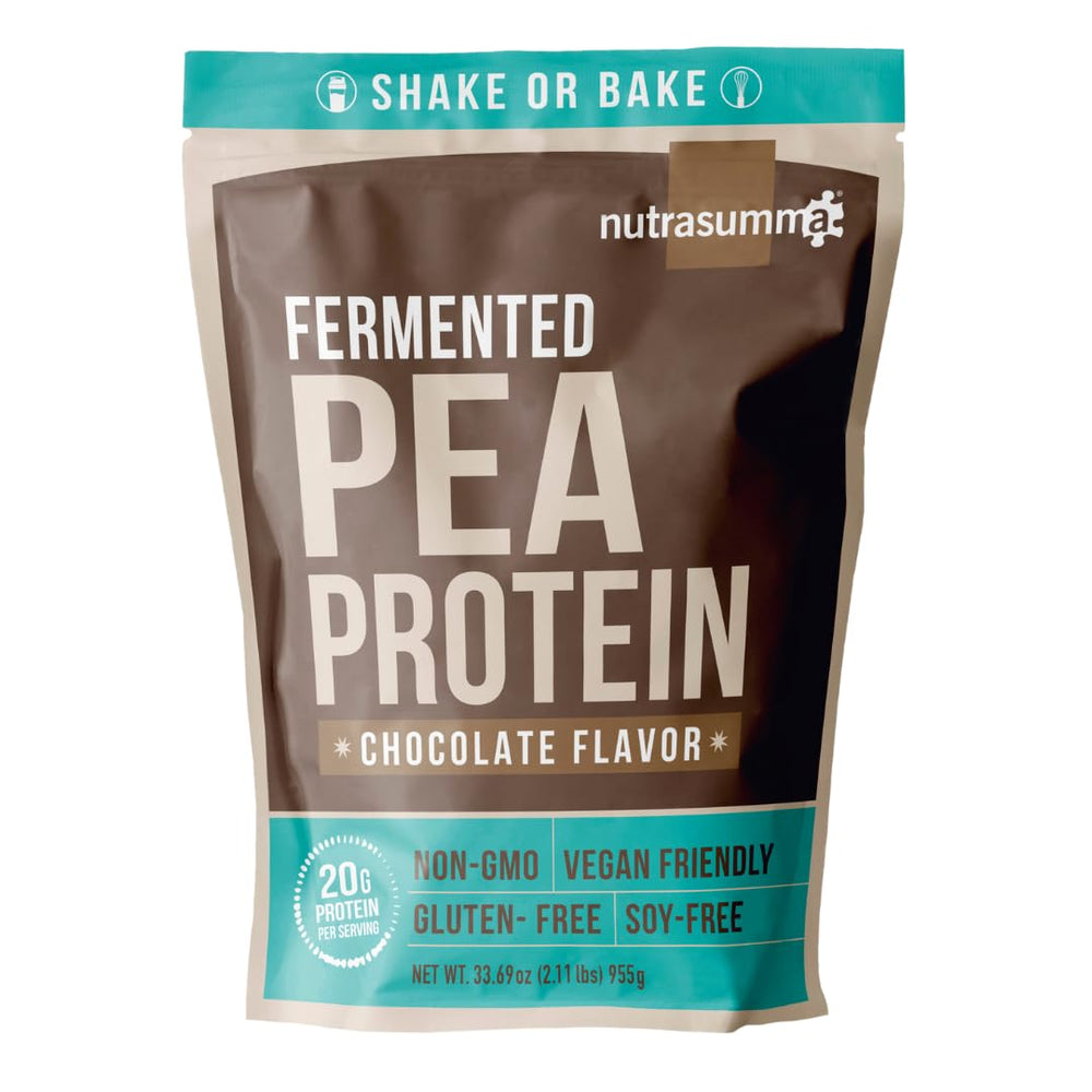 Nutrasumma pea protein powder chocolate tub for high-protein vegan nutrition