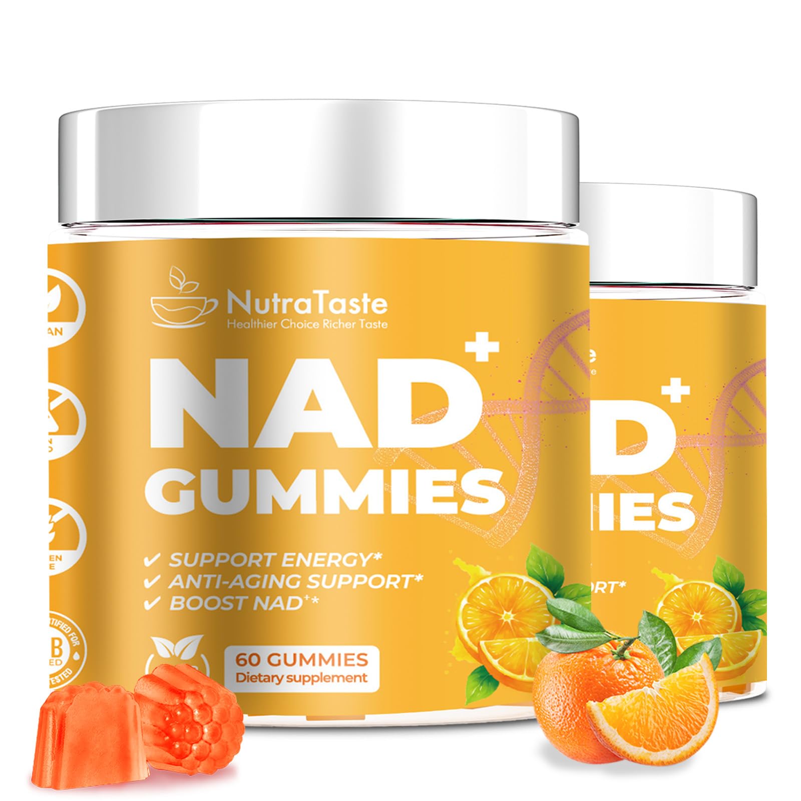 NUTRATASTE NAD⁺ Gummies bottle showing orange flavor and vegan formula.