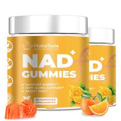 NUTRATASTE NAD⁺ Gummies bottle showing orange flavor and vegan formula.