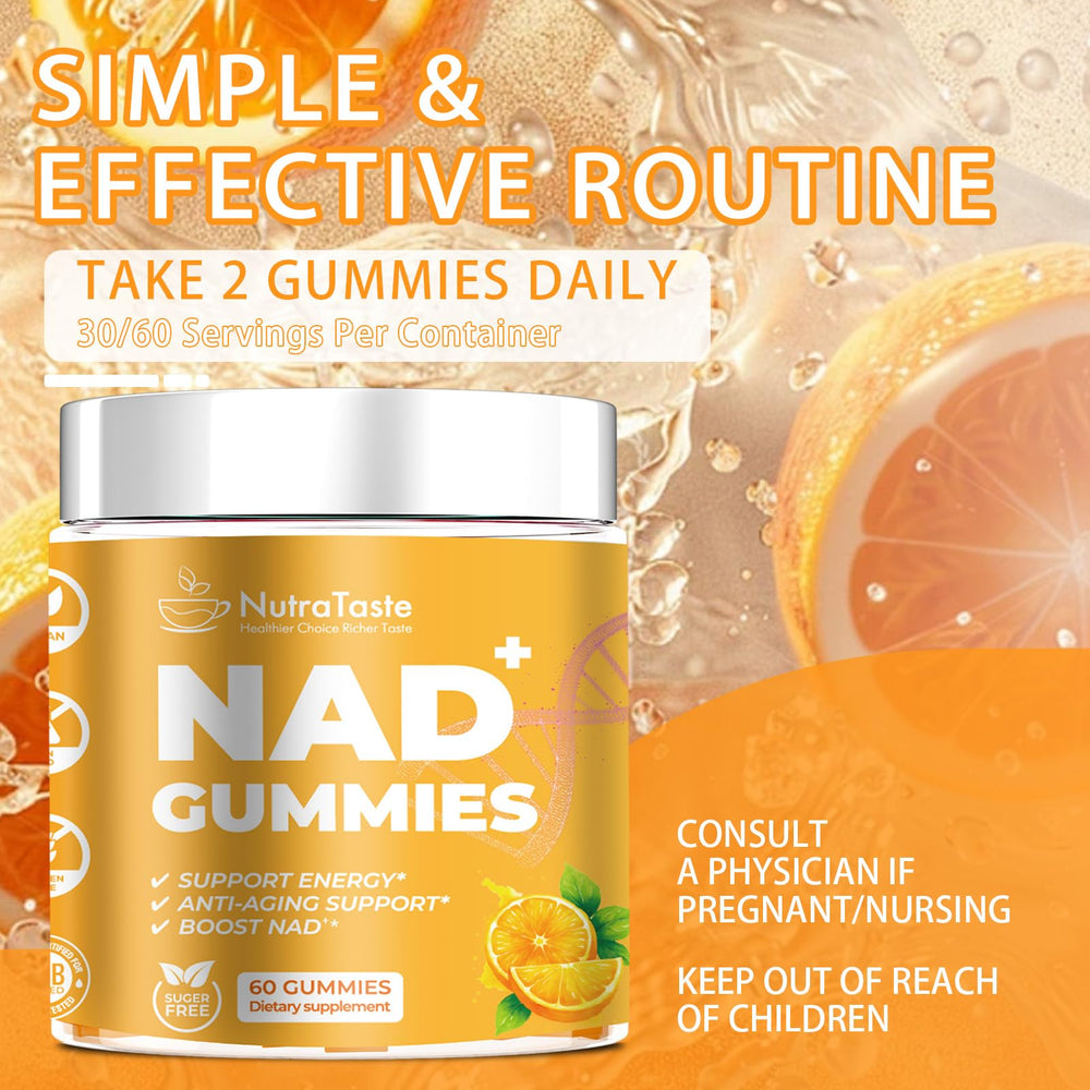 NUTRATASTE NAD⁺ Gummies vegan and gluten-free, sugar-free features.