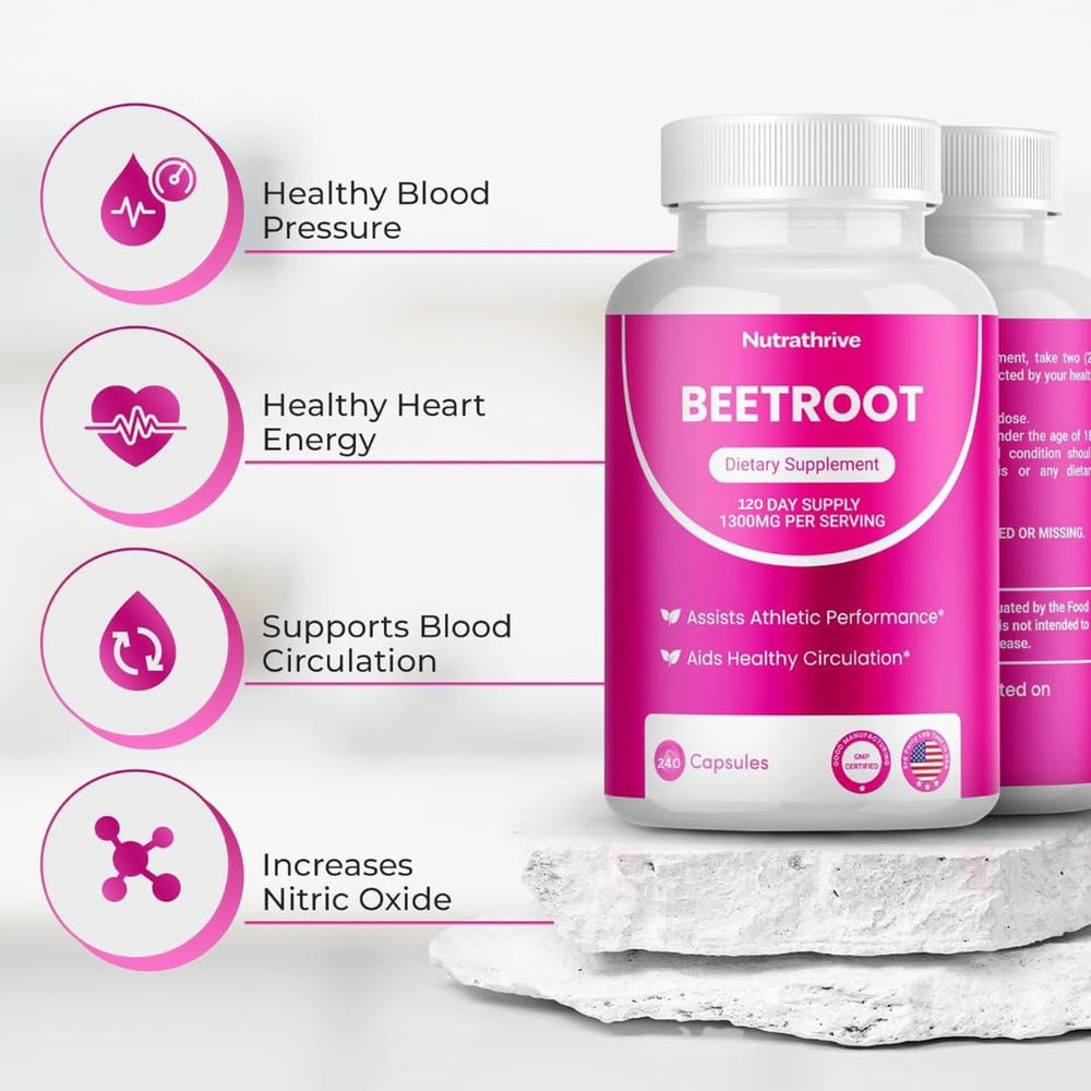 Nutrathrive beetroot capsules bottle back label showing ingredients and compliance
