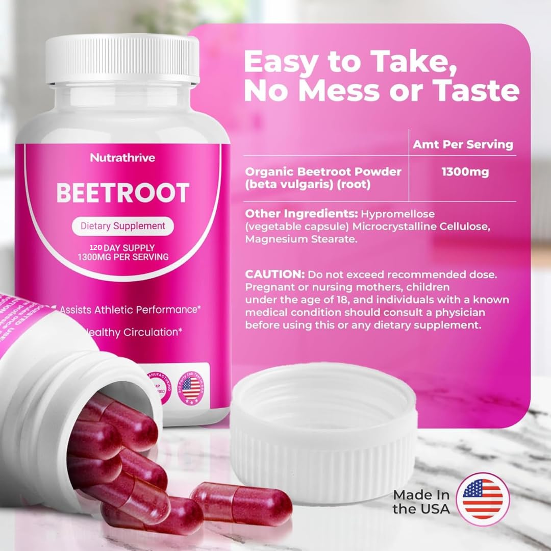 Nutrathrive beetroot capsules close-up of tasteless, easy-swallow capsules