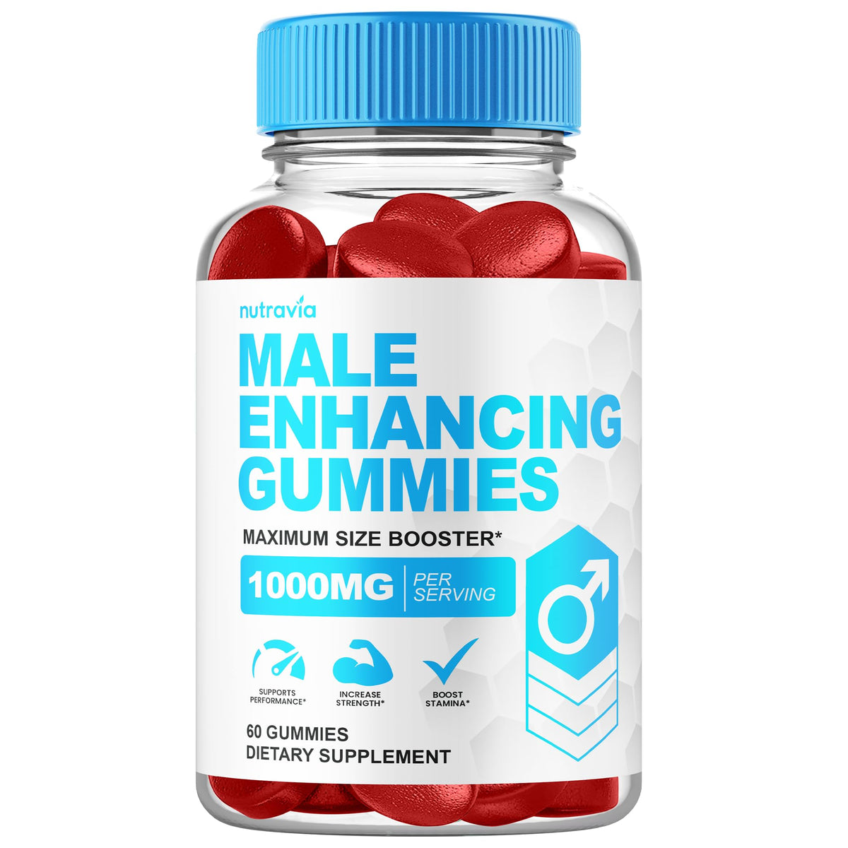 Nutravia male-enhancing gummies bottle front for convenient daily use.