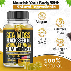 Nutravia Sea Moss Gummies label close-up highlights potent sea-moss blend.