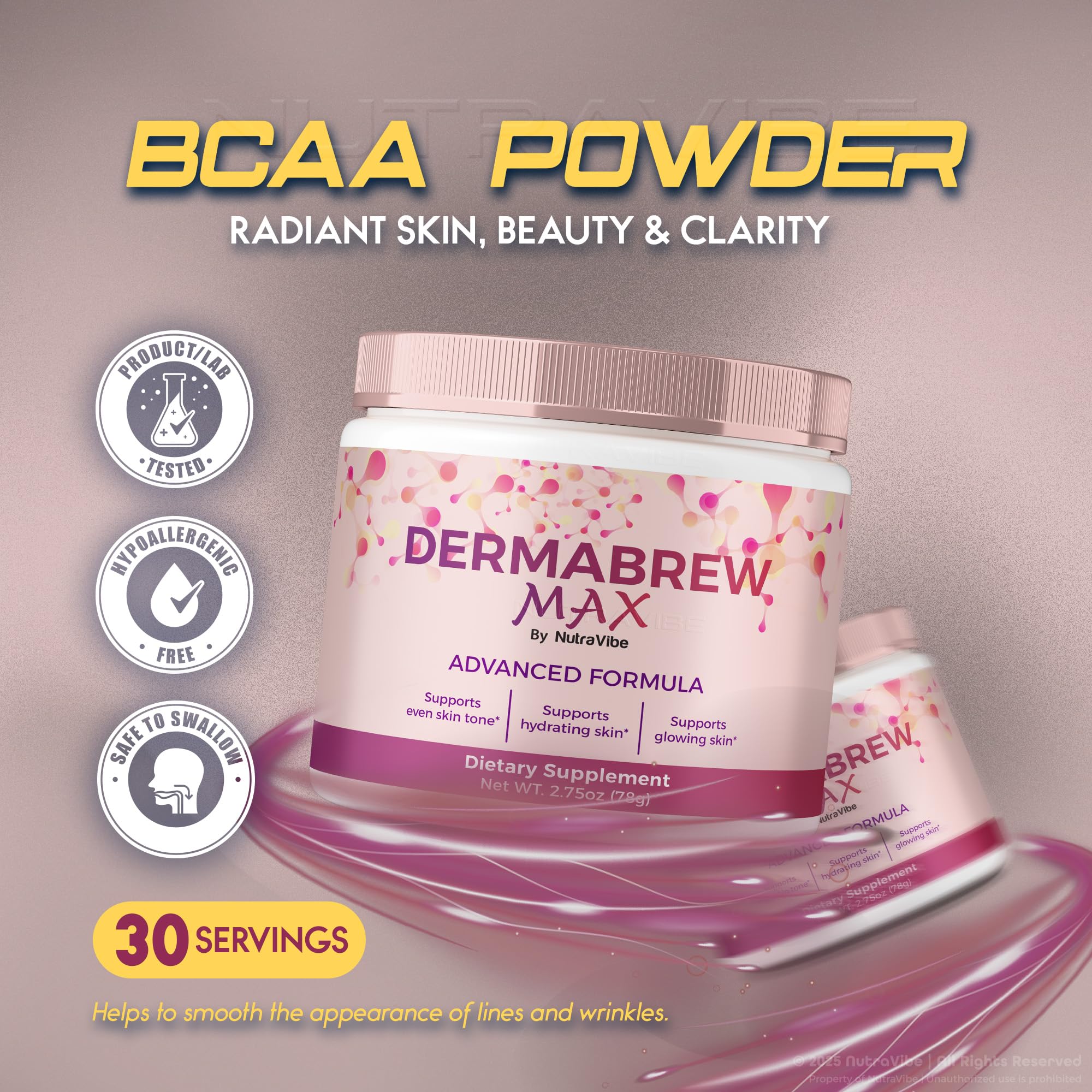 NutraVibe DermaBrew Max drink served in glass showing easy mix.