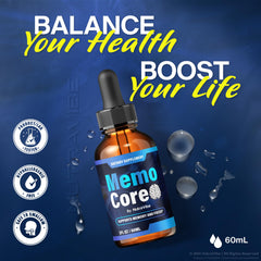 Close-up of Memo Core label highlighting branding and natural ingredients.