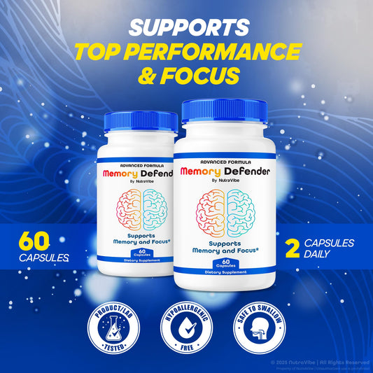 NutraVibe Memory Defender capsules close-up shows easy-to-swallow design for busy days.