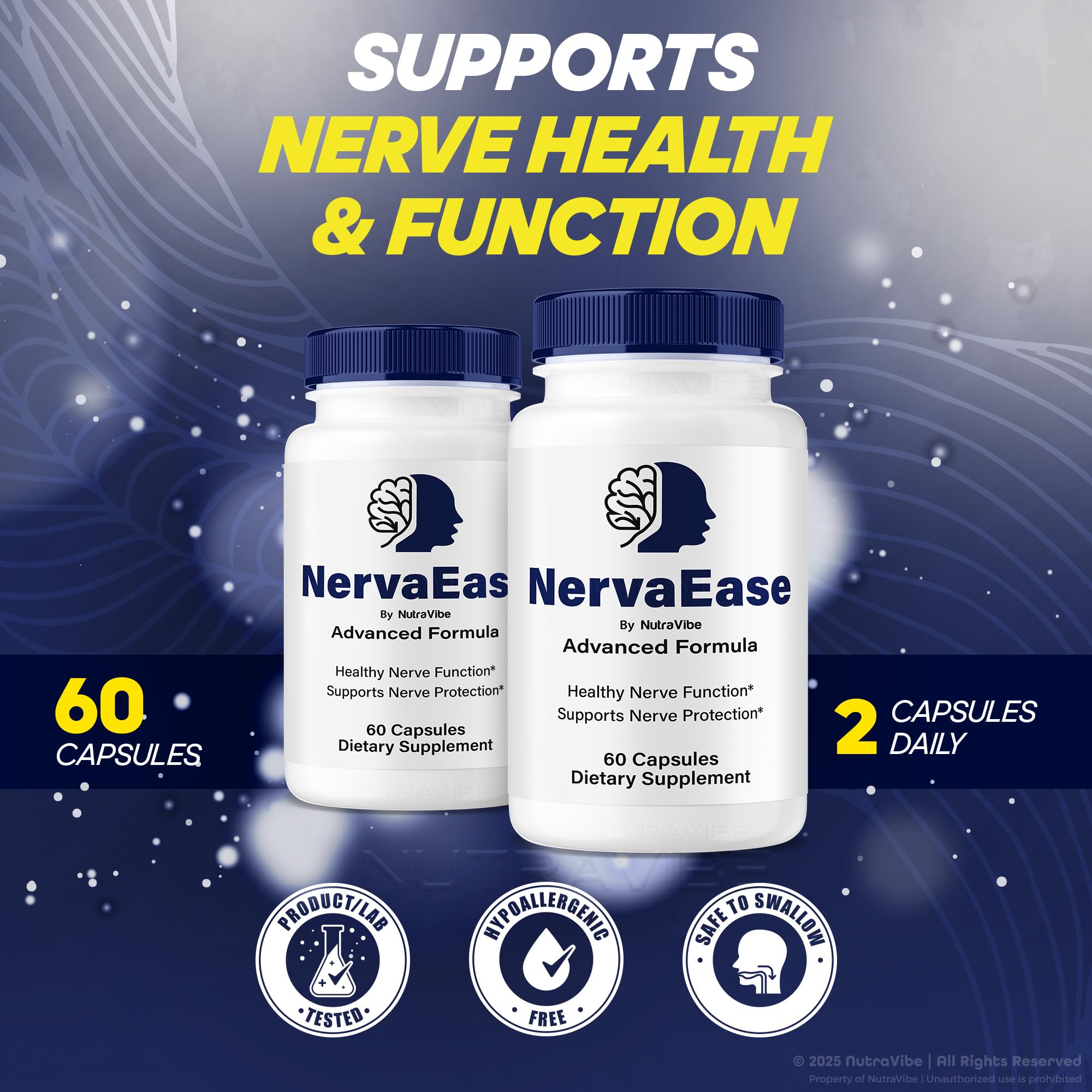 NutraVibe NervaEase capsules close-up showing easy-to-take pills for daily use.