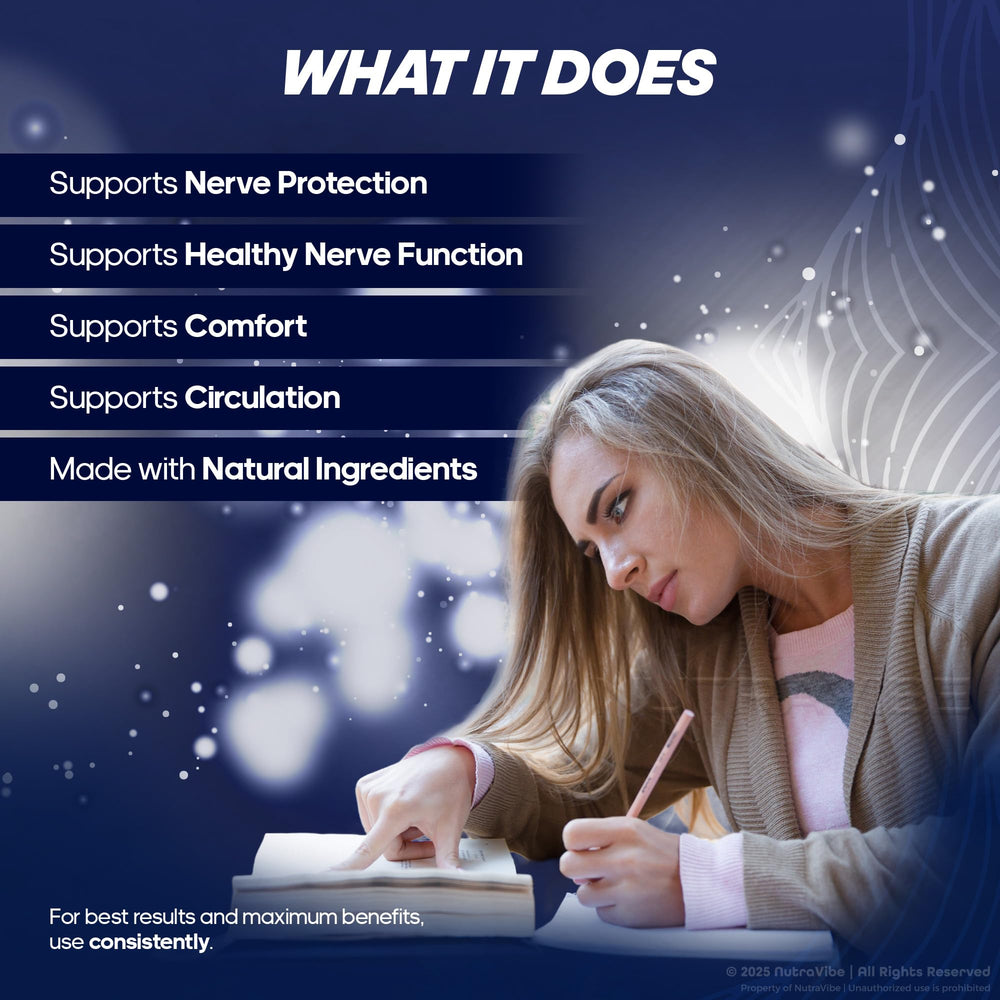 NutraVibe NervaEase packaging label emphasizes purity and safety.