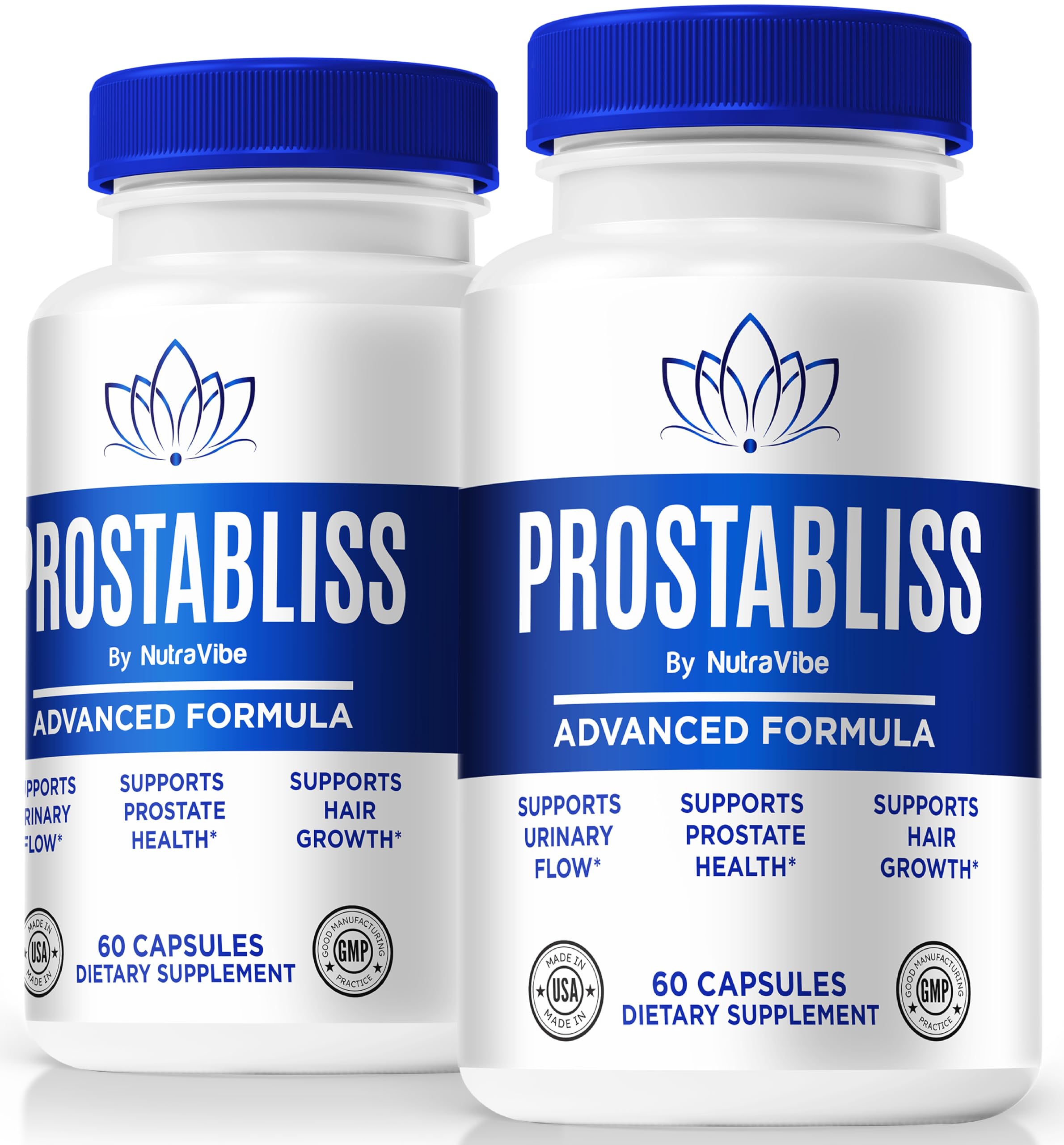 NutraVibe Prostabliss bottle front shows the natural formula for daily wellness.