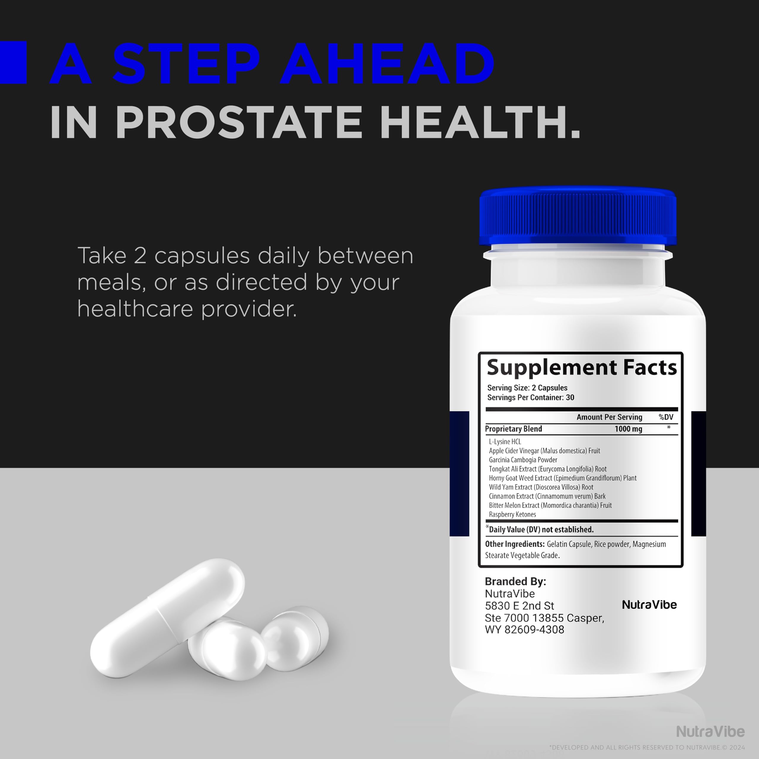 NutraVibe Prostabliss nutrition blend highlights vitamins and minerals for overall health.