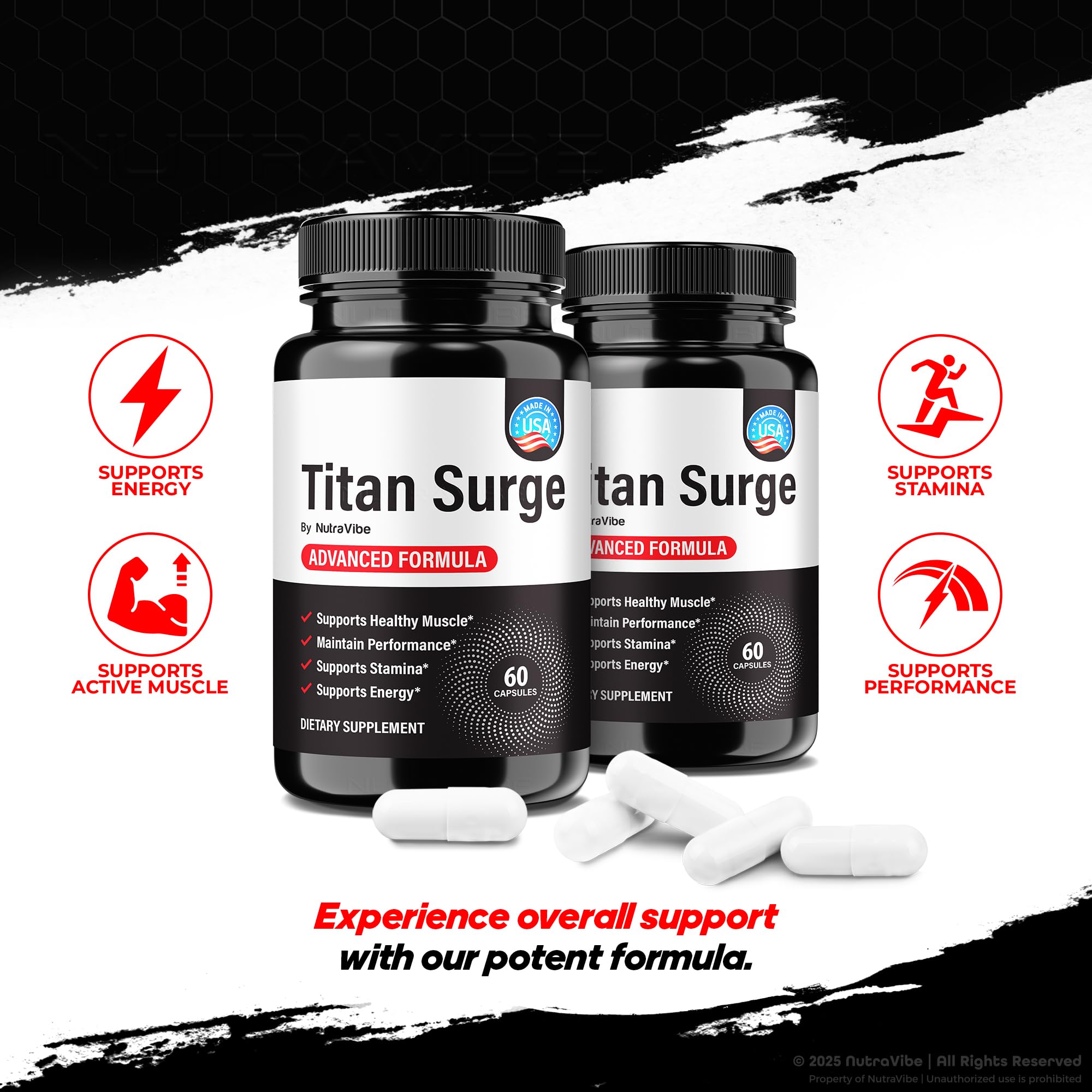 NutraVibe Titan Surge in a gym bag scene suggests quick, convenient supplementation.
