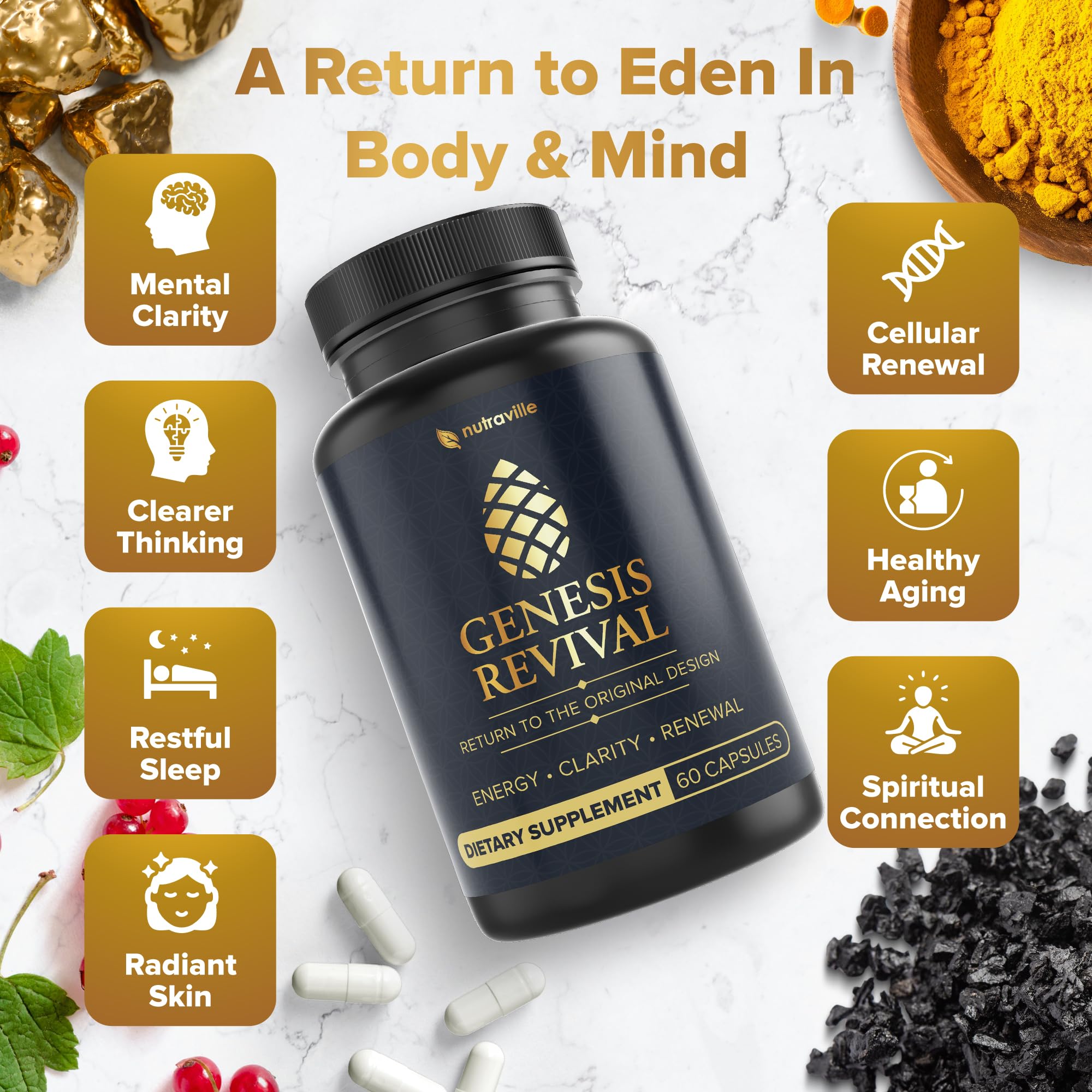 Nutraville Genesis Revival glowing skin scene suggests radiant vitality