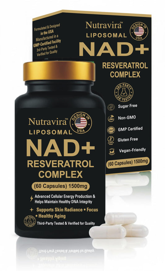 Nutravira Liposomal NAD+ Resveratrol bottle front highlighting advanced absorption