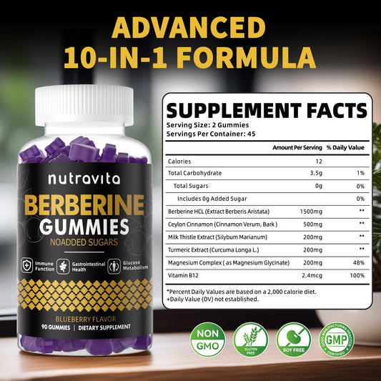 Nutravita Berberine Gummies close-up of blueberry bites ideal for daily use.