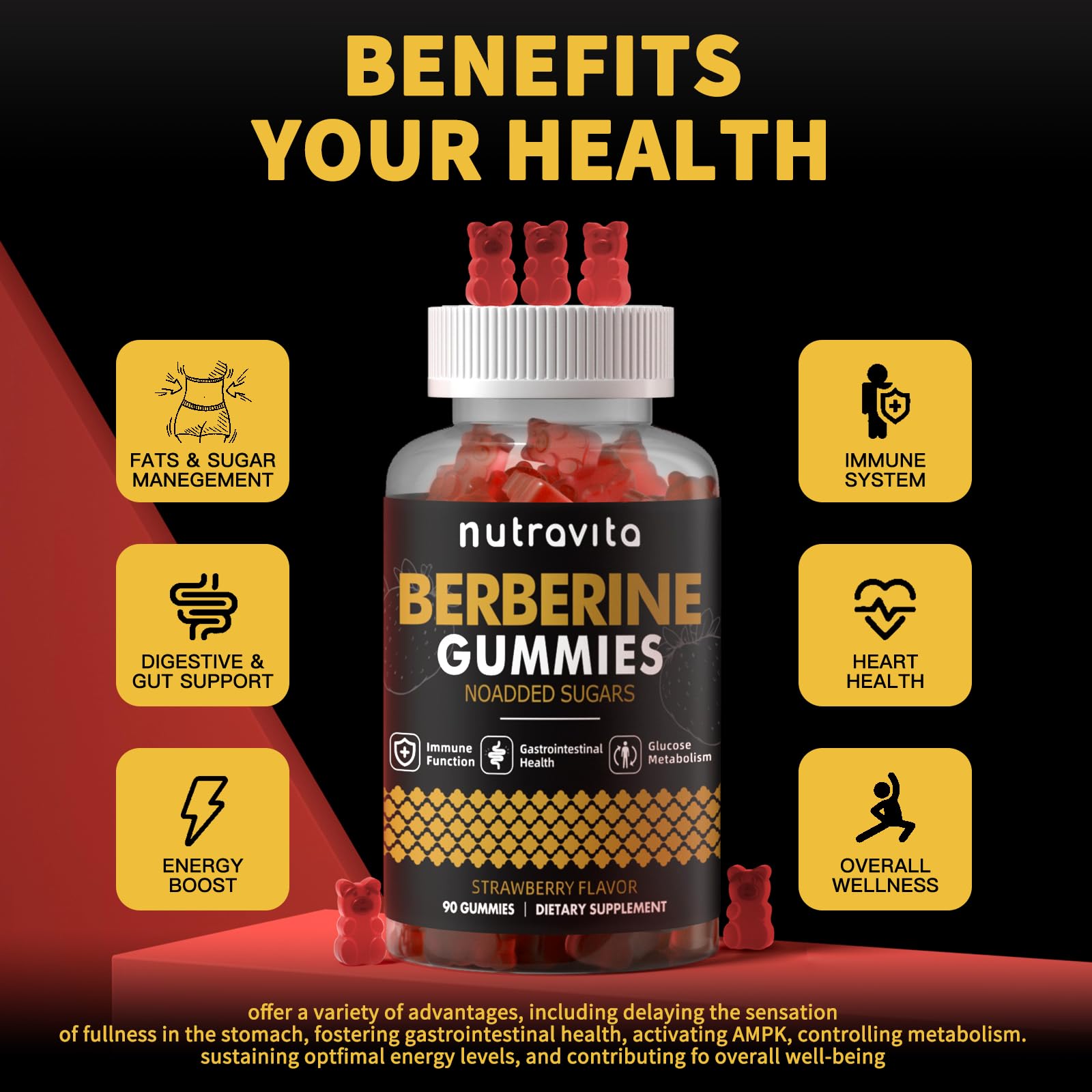 Ingredients panel showing berberine HCL cinnamon turmeric milk thistle vitamin B12 and magnesium
